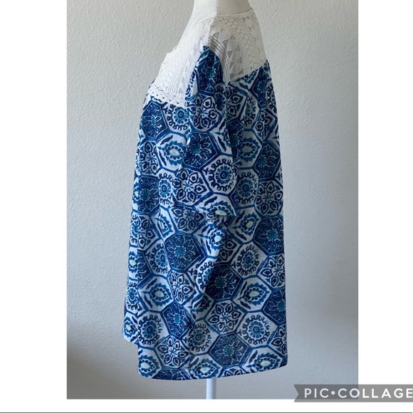 Suzanne Betro  2X Crochet Boho Top  Blue Floral Short Sleeve TOP TUNIC - Picture 4 of 10